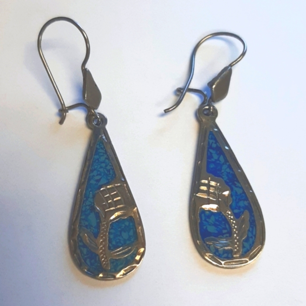 226. ALPACO MEXICO STONE INLAY DANGLE EARRINGS TURQUOISE BLUE COLOR